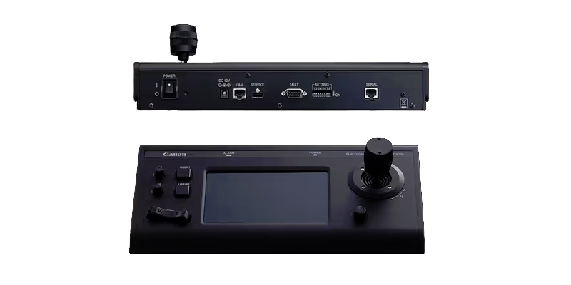 Canon controlador PTZ RC IP-100 vistas trasera y frontal